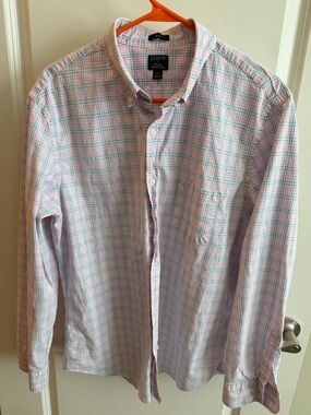 J. Crew Pink and Light Blue Plaid Button-Down Shirt Flex Washed Slim Size XL